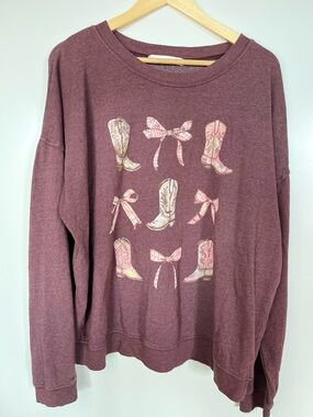 Altar’d State NWT Western Boots & Bows Sweatshirt Mauve Burgundy XL